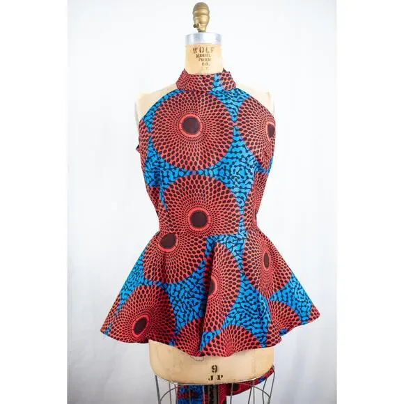 Colorful Boutique African Print Dress, High Low Skirt Fit and Flare Ankara, XL - Picture 5 of 9
